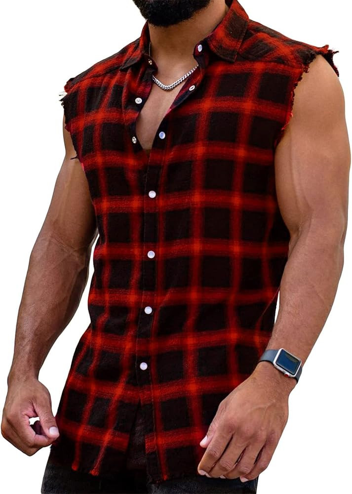 Men's Sleeveless Flannel Plaid Shirts Casual Button Down Cowboy Vest Shirts | Amazon (US)