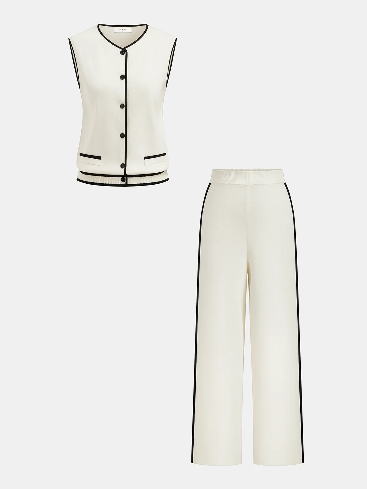 Contrast Piping Knit Vest & Wide-Leg Pants Set | Commense