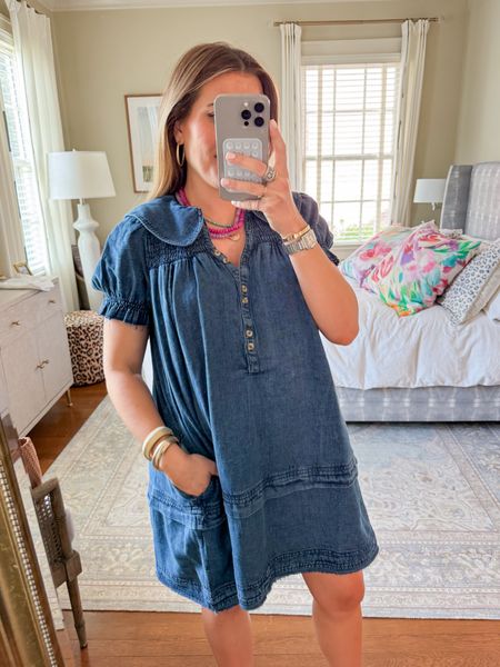Spring outfit idea // this denim dress from Anthropologie is SO good! It’s very soft & super comfy. I’m in a small & it works perfectly with my 25 week bump // & I can’t stop wearing these beaded necklaces // pregnancy style, maternity outfit 

#LTKfindsunder100 #LTKSeasonal #LTKbump