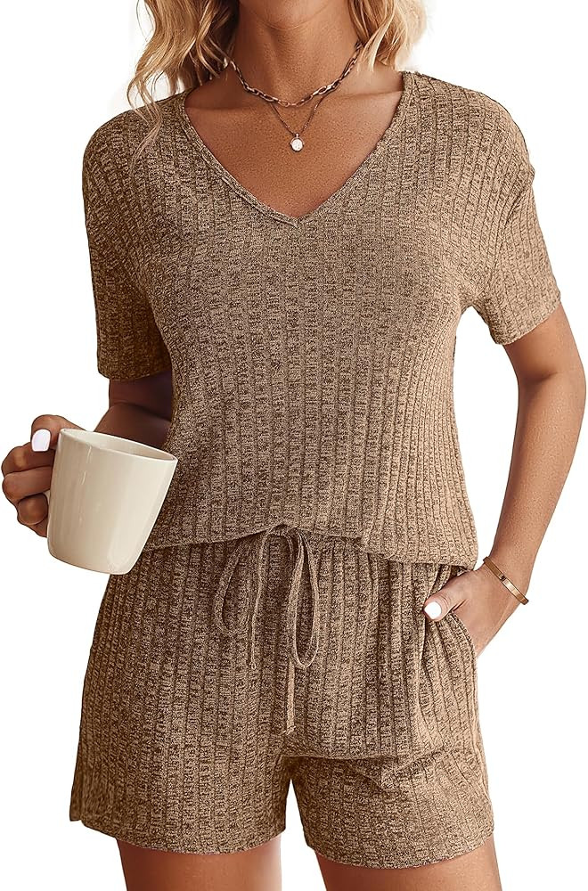Ekouaer Womens Ribbed Knit Lounge Set Short Sleeve Top and Shorts Sleepwear Pajama Set Two Piece ... | Amazon (US)