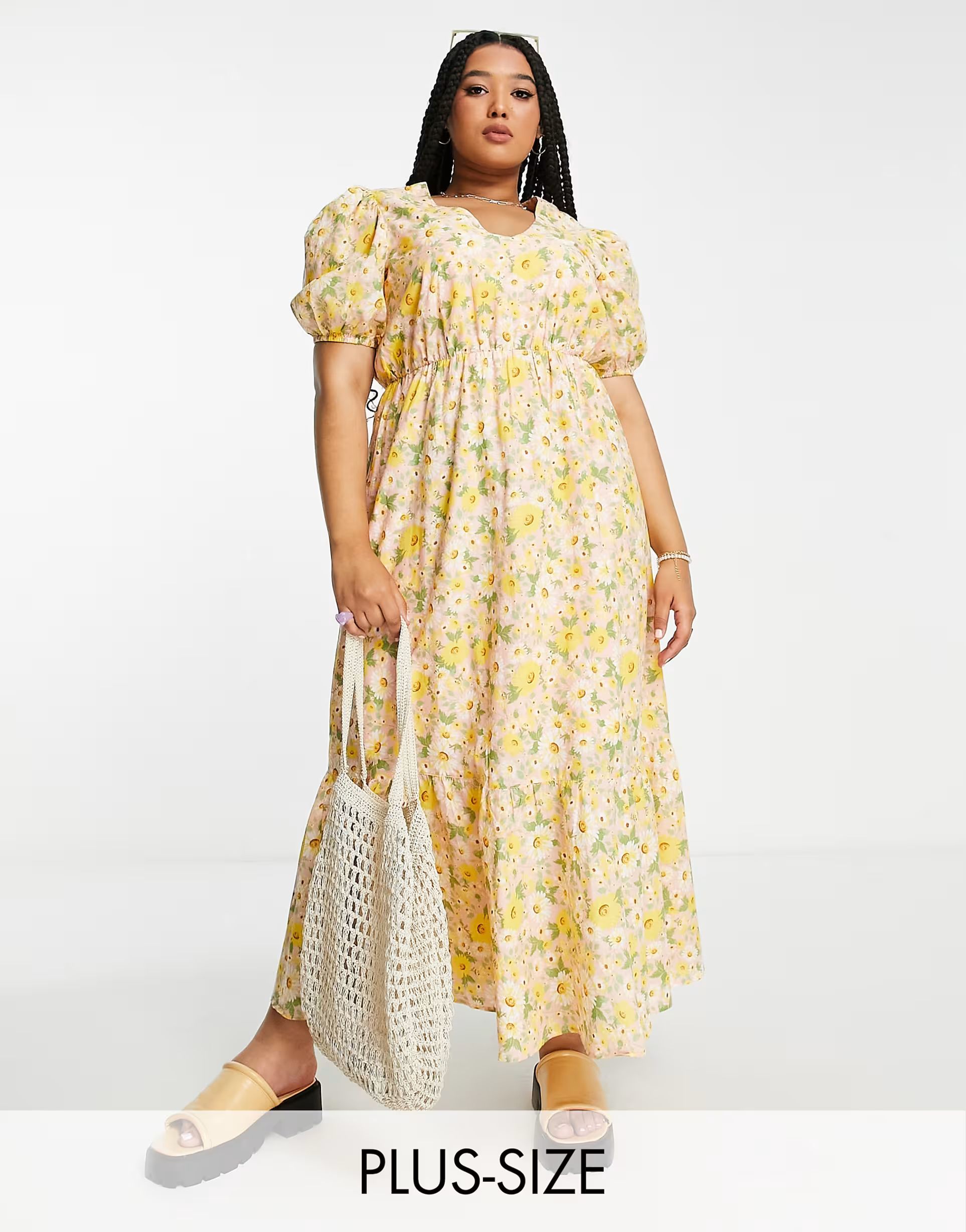 Simply Be puff sleeve midi dress in yellow floral | ASOS (Global)