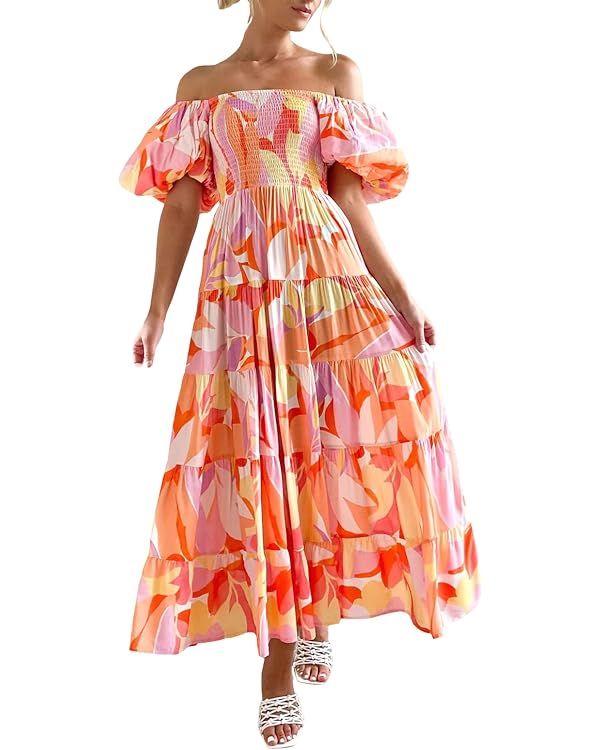 Women's 2023 Bohemian Floral Printed Wrap V Neck Short Sleeve Split Beach Evening Party Maxi Dres... | Amazon (US)
