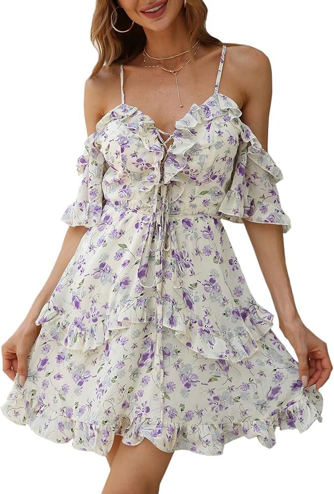 GZDMFS Women's Summer Casual Deep V Neck Floral Print Ruffle Swing Party Mini Strap Dress | Amazon (US)