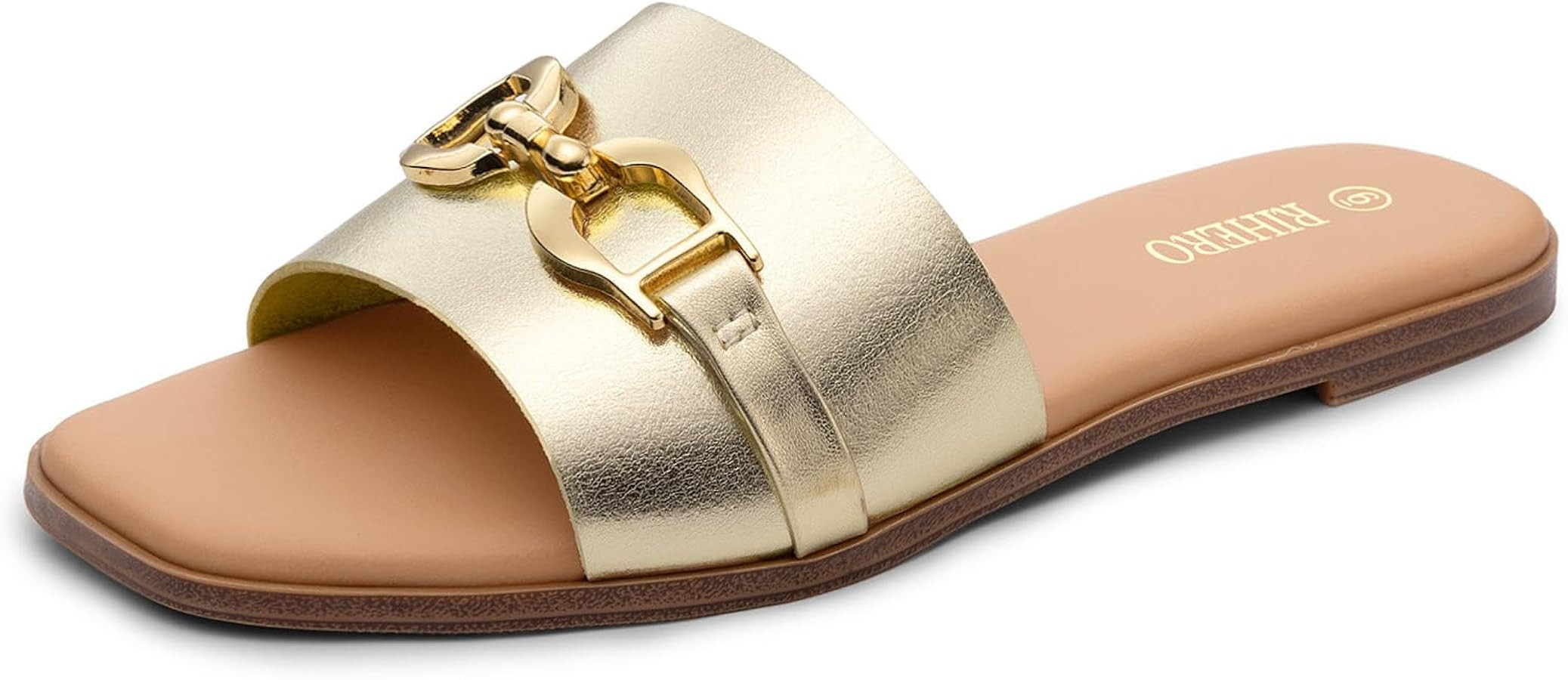 Rihero Women's Flat Sandals Summer Comfortable Square Open Toe Slip On Leather Slide Sandals | Amazon (US)