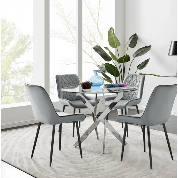 Tierra Sleek Metal and Glass Round Dining Table Set with 4 Luxury Velvet Upholstered Dining Chair... | Wayfair North America