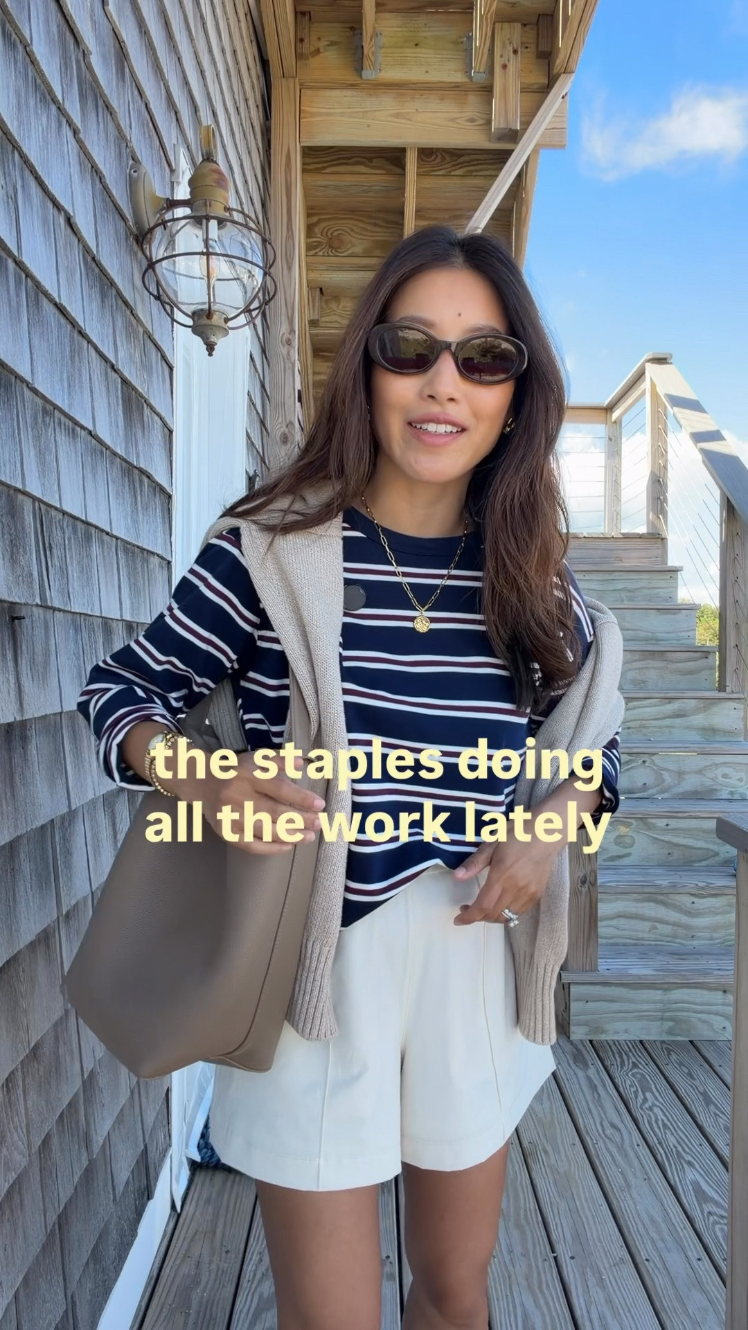 Please read sizing info!!
1. Cotton stripe tee XXS regular, boxy fit (I don't need petite since it's shorter in length) love and got three colors in this! Also have brown and solid white.
2. lulu shorts XXS hemmed for free. These come with a 6" inseam which wasn't bad on me, but I brought them in store to get hemmed to where the original horizontal stitched line was. Easy, free and quick process. I also own these in the 25” cropped pants version and love!
3. Quince sweater XS oversized fit, old color but speckled beige is similar. also comes in a striped version. Gap makes a great oversized crop sweater in petite as well linked 
4. Teeks sandals great for beach or pool since waterproof, i sized up to a 6
5. Quince handbag in size small and madewell sunglasses

easy petite mom on the go outfit , late summer elevated casual staples

#LTKmomlife #LTKSeasonal #LTKPetite