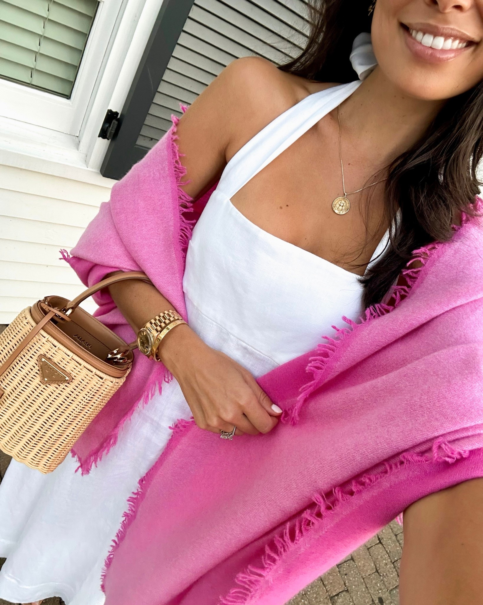 Best cashmere shawl! Prada wicker bag, summer outfit. Dress is Bondi Born similar below!

#LTKSeasonal #LTKStyleTip #LTKItBag