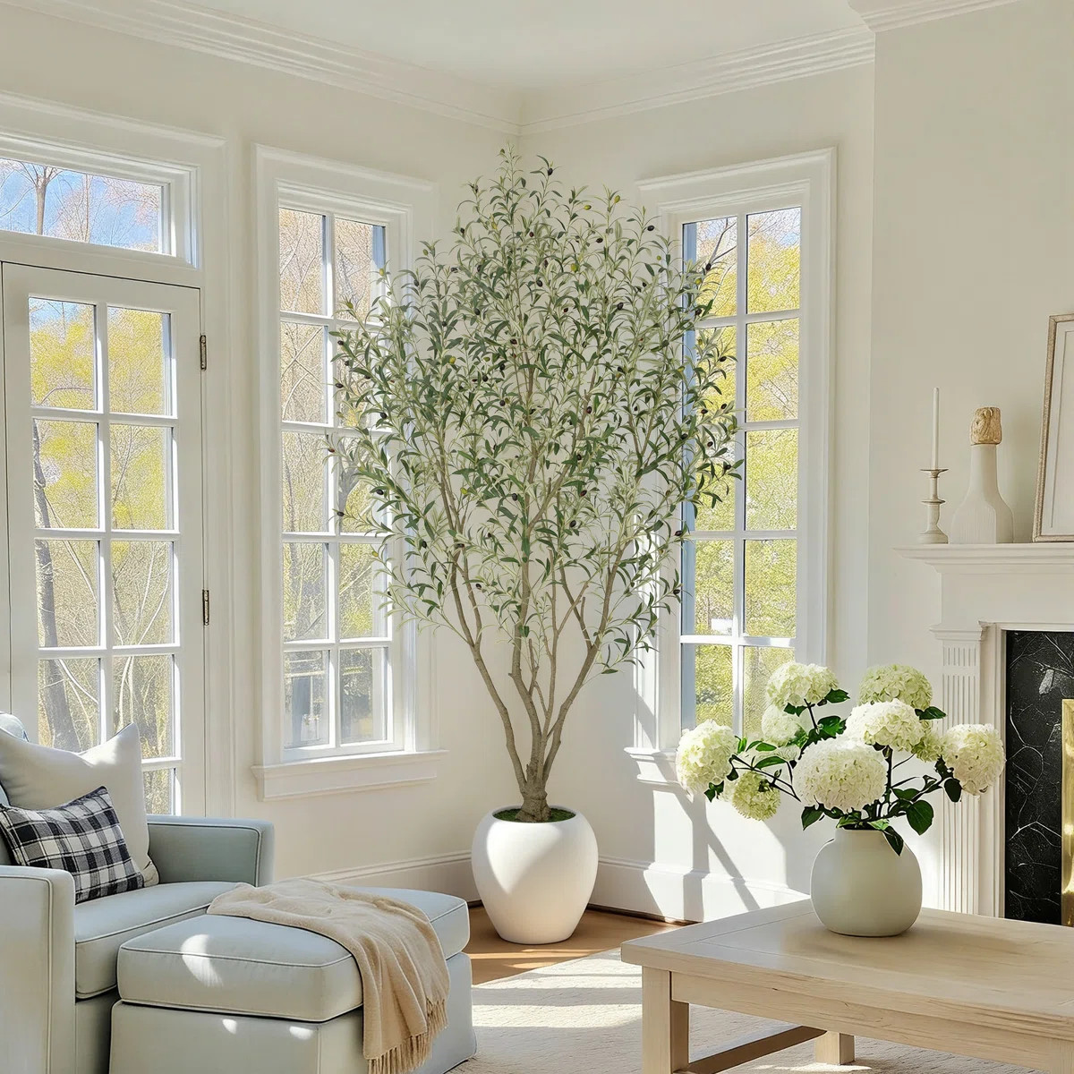 5/6/7/8/9ft Grand Artificial Olive Tree in White Planter - Large Faux Multi-Trunk Floor Plant for... | Wayfair North America