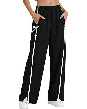 Hongsui Women's Striped Wide Leg Pants Bow Tie Knot Sweatpants Elastic Waist Baggy Track Pants wi... | Amazon (US)
