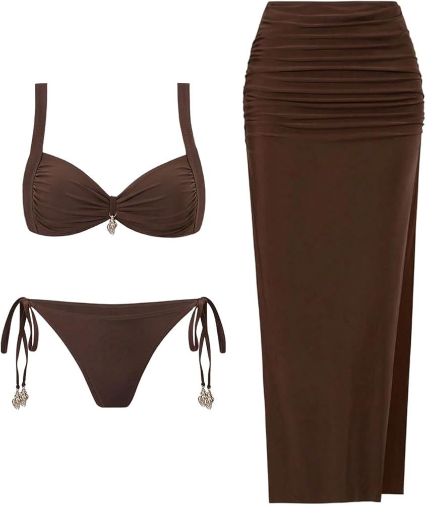 GORGLITTER Women's 3 Piece Bikini Sets Ruched Metal Tie High Cut Swimsuit with Split Cover Up Ski... | Amazon (US)