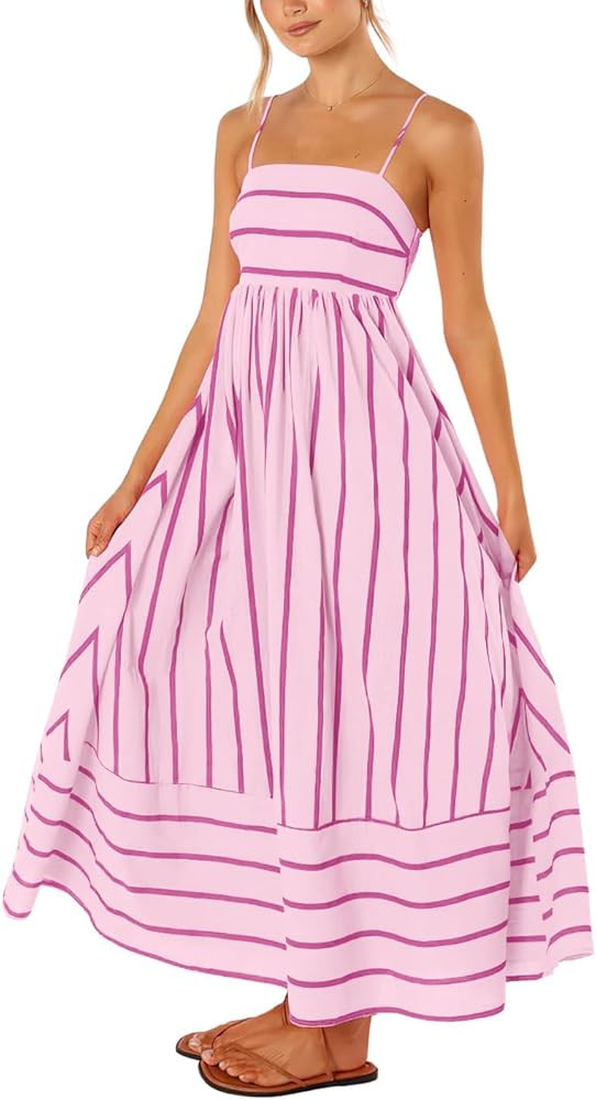 chouyatou Women's Striped Back Smocked Maxi Dress Sexy Spaghetti Strap Cut Out Flowy Swing Long D... | Amazon (US)