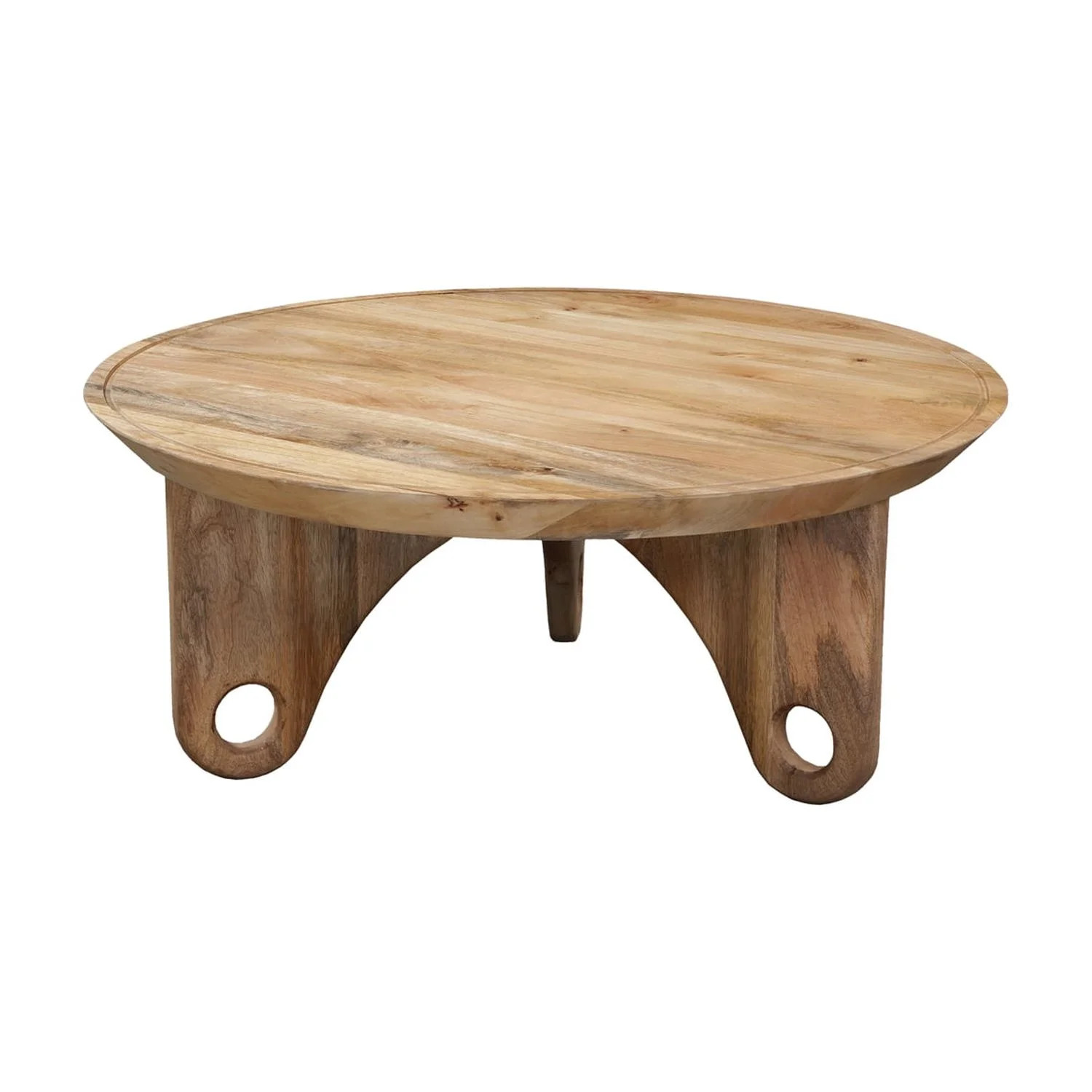 36" Round Coffee Table Handcrafted Grooved Edge Top Natural Brown Mango Wood | Walmart (US)