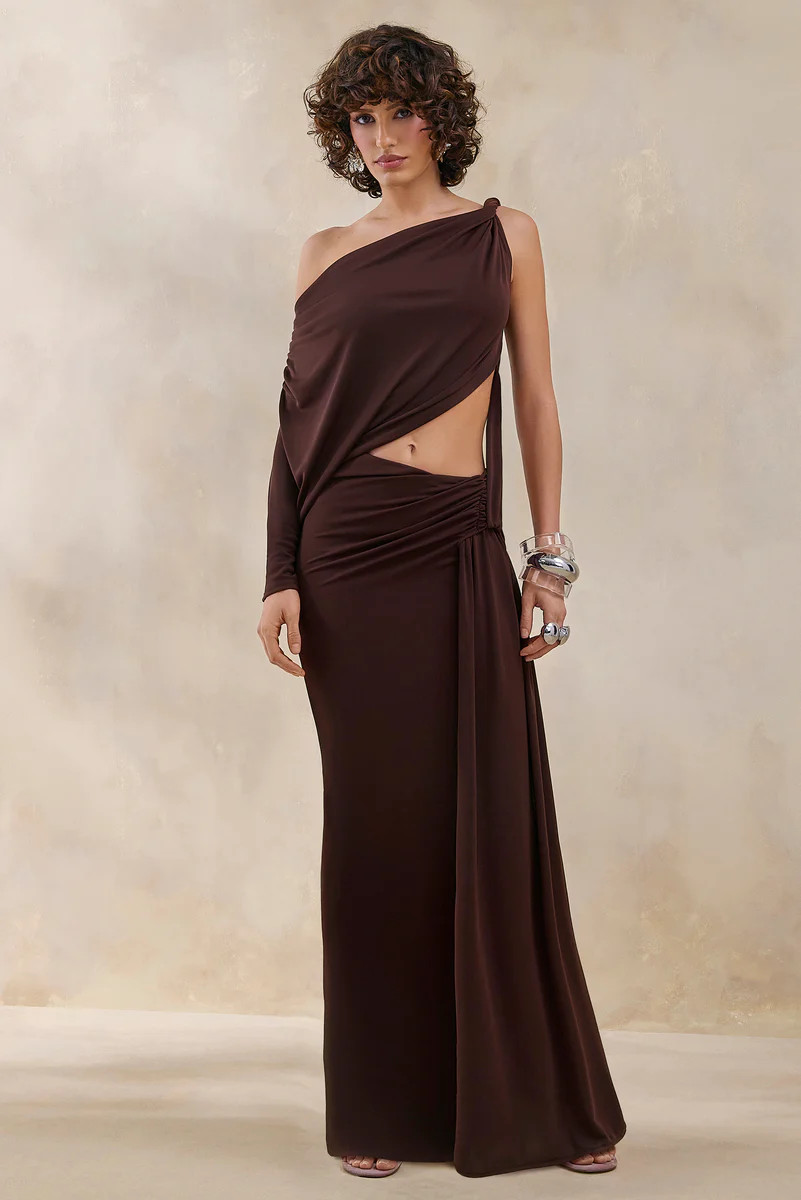 Layla  Brown Asymmetric-Neck Wrap Maxi Dress With Body Cut-Out And Ruched Detailing | Club L London