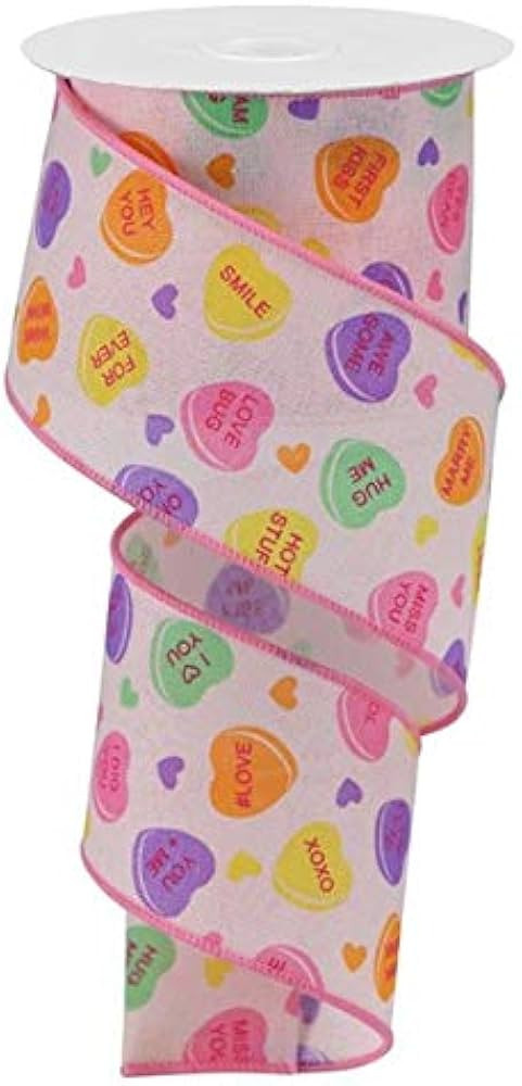 Conversation Hearts Canvas Wired Edge Ribbon, 2.5 Inch x 10 Yards (Powder Pink) | Amazon (US)