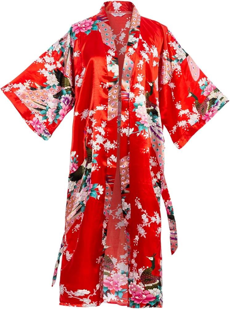 Asian Home Flower Peacock Satin Silk Kimono Robe, Dressing Gown, Bridal, Gift, One Size Fits Most | Amazon (US)