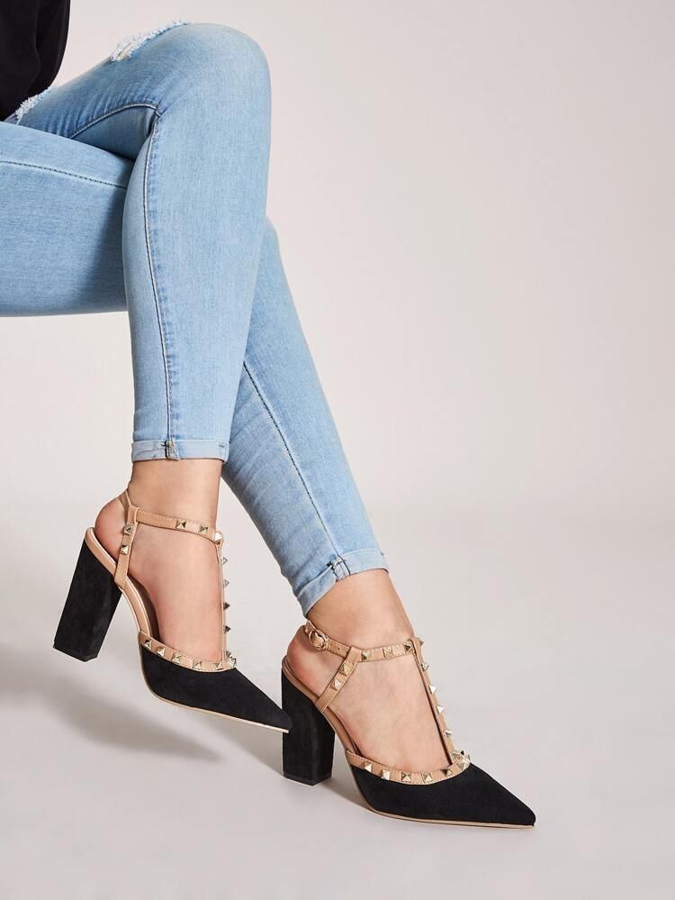 Spiked Decor Point Toe T-strap Chunky Heels | SHEIN