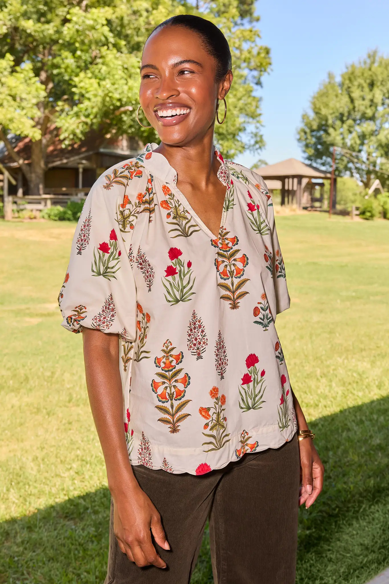 Ivory Floral Print Scalloped Hem Top | Avara