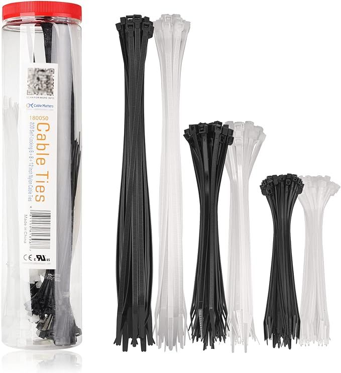 Cable Matters 200-Pack Cable Ties for Indoor and Outdoor, 6, 8, 12-Inch Self-Locking Nylon Zip Ti... | Amazon (US)