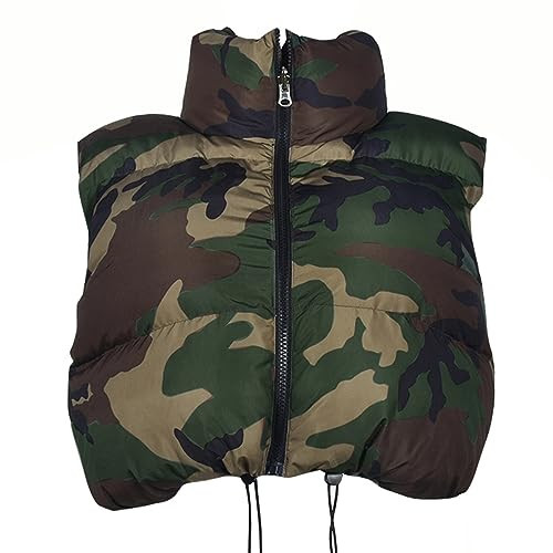 LEOROO Womens Winter Quilted Vest Camouflage Sleeveless Heated Jacket Outerwear Trendy Drawstring Zip Stand Collar Warm Padded Coat(Green,L) | Amazon (US)