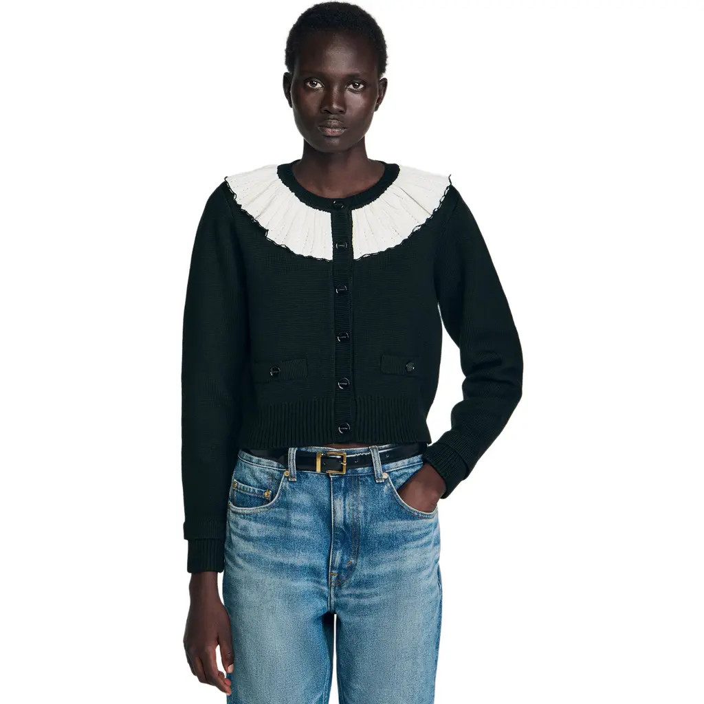 SANDRO Cardigan with contrast collar in Black at Nordstrom, Size Small | Nordstrom