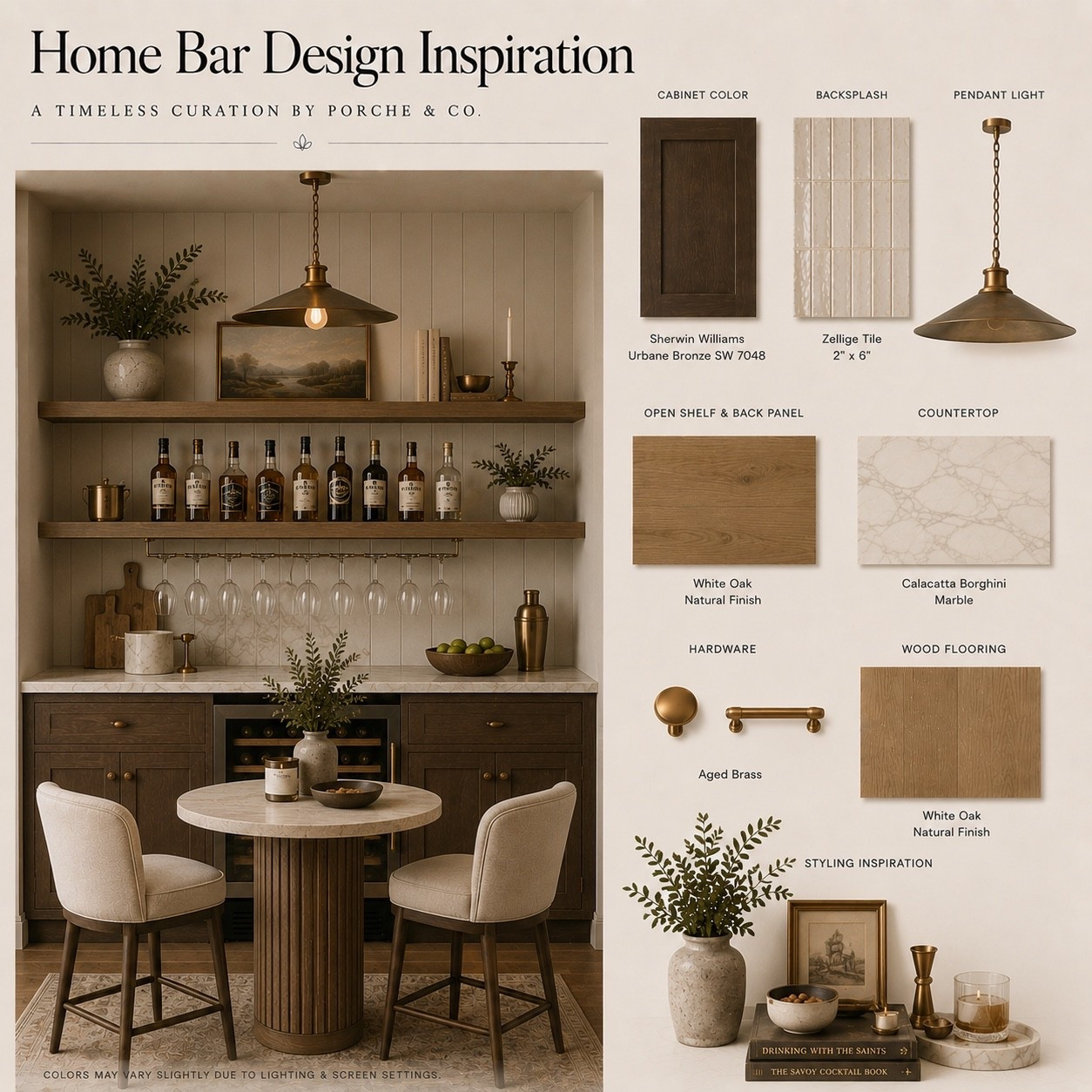 Warm wood tones, creamy natural stone, and timeless brass accents come together in this inviting home bar design. ✨

This home bar features rich wood cabinetry in Sherwin Williams Urbane Bronze, handcrafted zellige tile, Calacatta Borghini marble countertops, white oak shelving, and warm brass details for a refined modern traditional aesthetic that feels both cozy and elevated.

Featured finishes:
• Sherwin Williams Urbane Bronze SW 7048 cabinetry
• 2” × 6” Zellige backsplash tile
• Calacatta Borghini marble countertops
• White Oak natural finish shelving & back panel
• White Oak natural finish flooring
• Aged brass cabinet hardware
• Aged brass dome pendant lighting
• Fluted wood pedestal café table
• Upholstered cream dining chairs
• Modern traditional home bar design
• Neutral home bar inspiration

A timeless blend of warm textures, natural materials, and thoughtfully layered styling designed for gathering, entertaining, and everyday living. 🤍

#HomeBar #HomeBarDesign #BarDesign #HomeBarInspiration #SherwinWilliams #UrbaneBronze #ZelligeTile #CalacattaBorghini #WhiteOak #BrassHardware #ModernTraditional #TransitionalDesign #InteriorDesign #LuxuryInteriors #NeutralInteriors #CustomCabinetry #HomeDecor #HomeStyling #TimelessDesign #PorcheAndCo #DreamHome #EntertainingAtHome #InteriorInspiration #LuxuryHome #LTKHome

#LTKHome #LTKvlog #LTKSeasonal