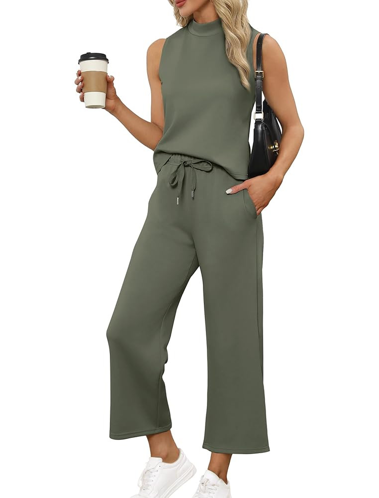 SAMPEEL Two Piece Sets for Women Summer Outfits Lounge Sets Mock Neck Tops Wide Leg Crop Pants Va... | Amazon (US)