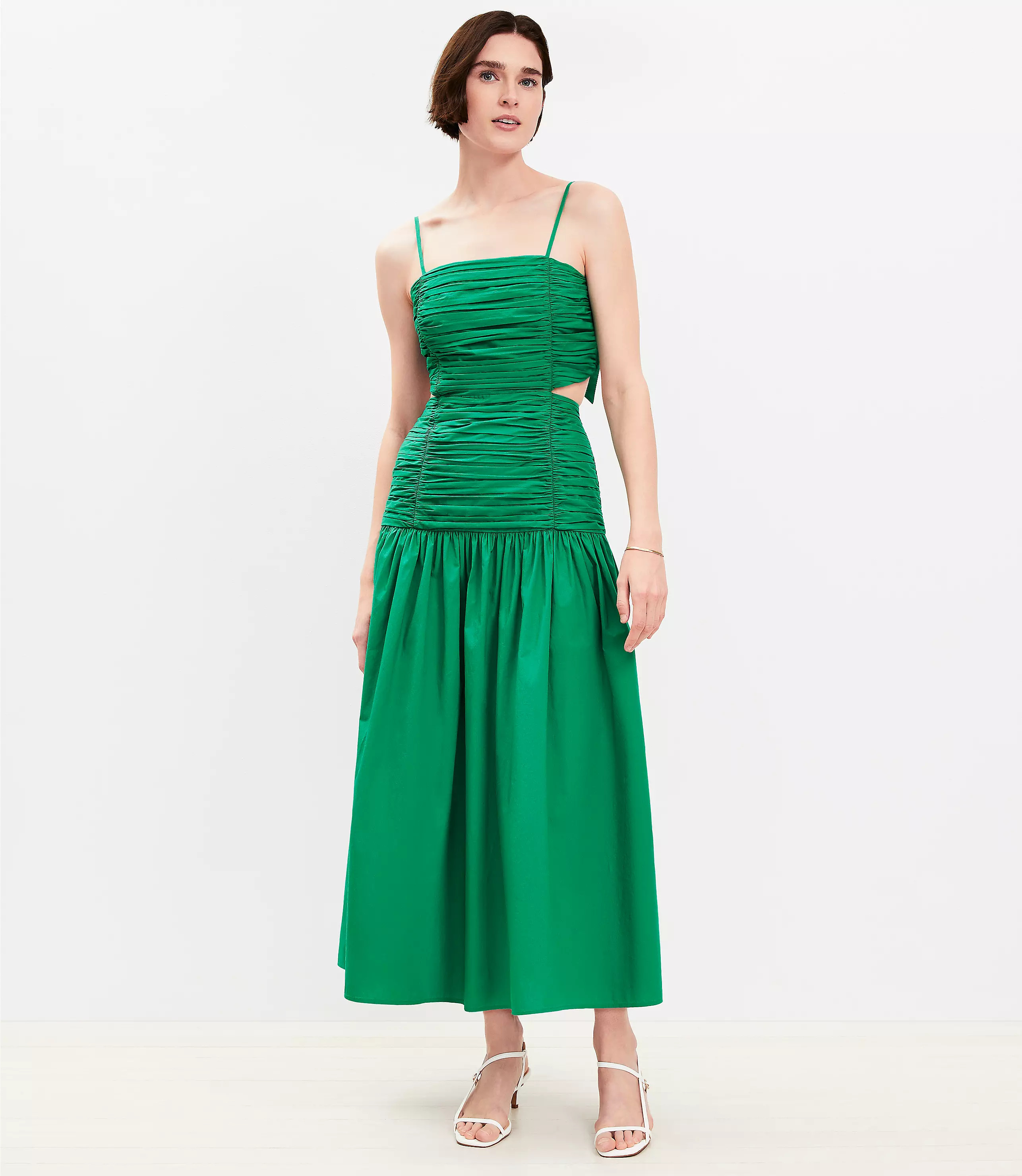 Petite Poplin Cutout Tie Back Ruched Midi Dress | LOFT