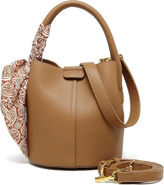 Women's small crossbody bag made of synthetic leather, mini bucket style shoulder bag with scarf,... | Amazon (US)