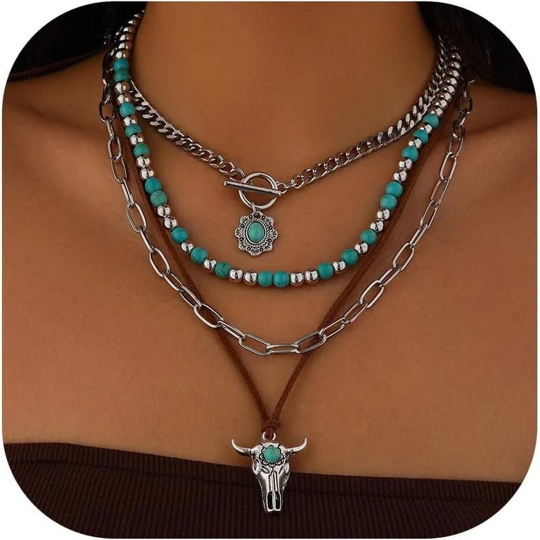 Western Necklaces Boho Layered Charm Necklace for Women Turquoise Beaded Choker Ox-head Pendant N... | Walmart (US)