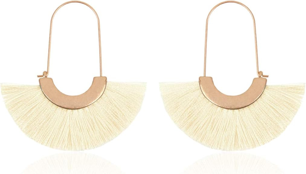 Bohemian Silky Thread Tassel Strand Fringe Statement Hoop Earrings - Lightweight Semi Circle Fan ... | Amazon (US)