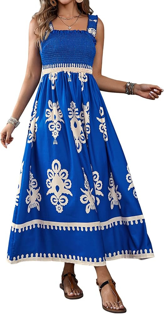 Womens Square Neck Boho Maxi Dress Casual Long Spring Summer Dresses Sundresses for Women Beach V... | Amazon (US)