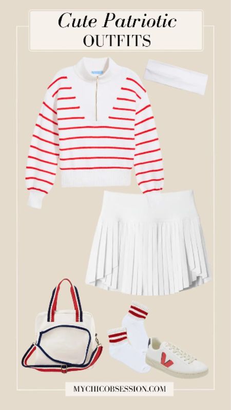 Preppy meets sporty meets patriotic. Unleash a playful yet polished aesthetic this Memorial Day with an ensemble that’s as sporty as it is stylish. Kick off your holiday weekend look with a charming tennis skirt, perfectly blending athleticism with a dash of femininity.

Pair it with a cozy zip sweater, red striped socks, Veja sneakers, and a red, blue and white pickleball tote.

#LTKSeasonal #LTKStyleTip