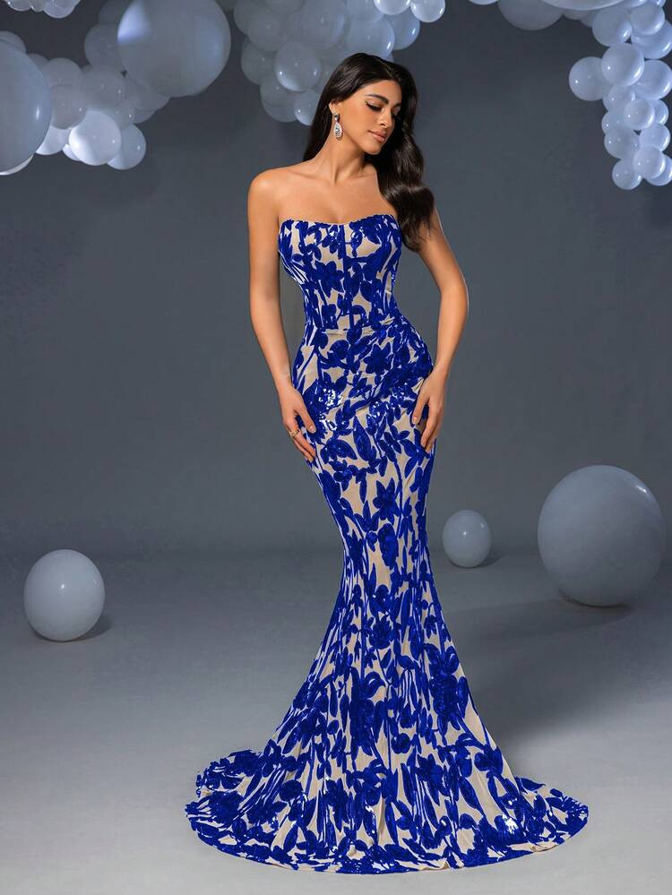 Faeriesty Women's Strapless Floor-Length Floral Sparkly Sequin Party Gown – Color-Blocked Rando... | SHEIN