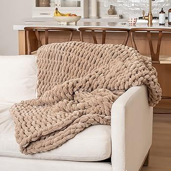 SAMIAH LUXE Chunky Knit Blanket 50x60 Sandstone, Light Brown Luxury Chenille Blanket for Farmhous... | Amazon (US)