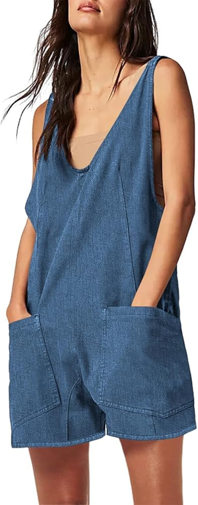 Tongmingyun Womens Summer Denim Overall Shorts Casual Sleeveless V Neck Jean Romper with Pockets | Amazon (US)