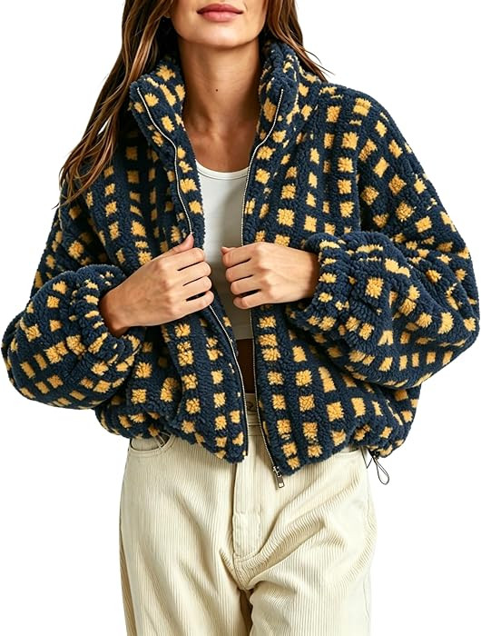 Esmeling Women\u2019s Long Sleeve Cropped Sherpa Fleece Plaid Jacket Casual Chunky Teddy Fleece O... | Amazon (US)