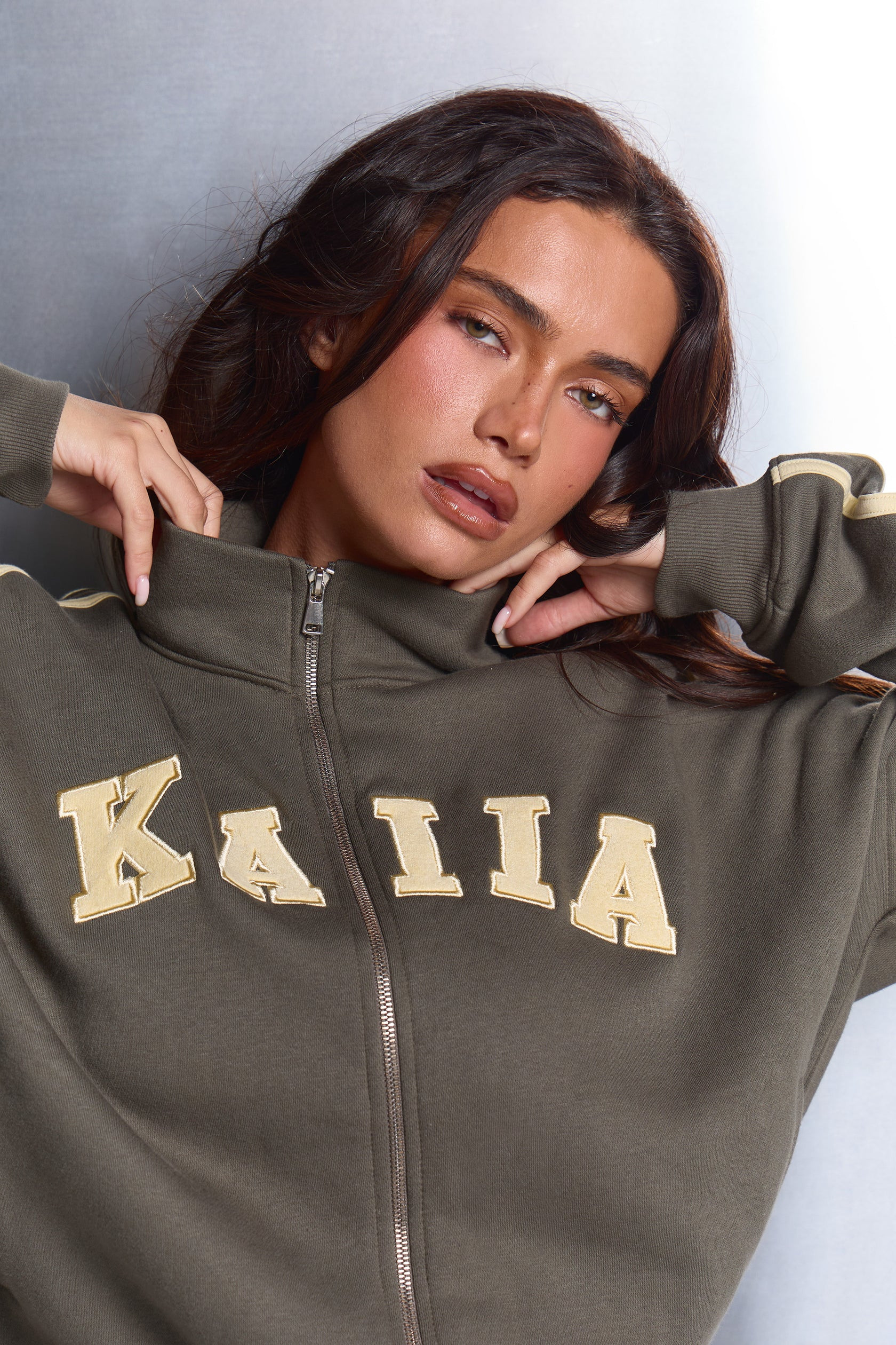 Kaiia Sport Stripe Funnel Neck Zip Through Sweatshirt Smoke Olive & Lemon | Kaiia the Label