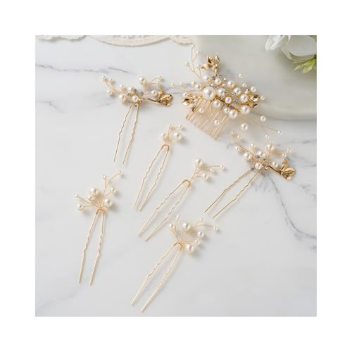 SWEETV Bridal Wedding Hair Accessories Set of 7, Pearl Wedding Hair Comb Rhinestone HairPins Leaf HairPieces Elegant Bridal Headpieces Accessories for Brides Bridesmaids Women Girls | Amazon (US)