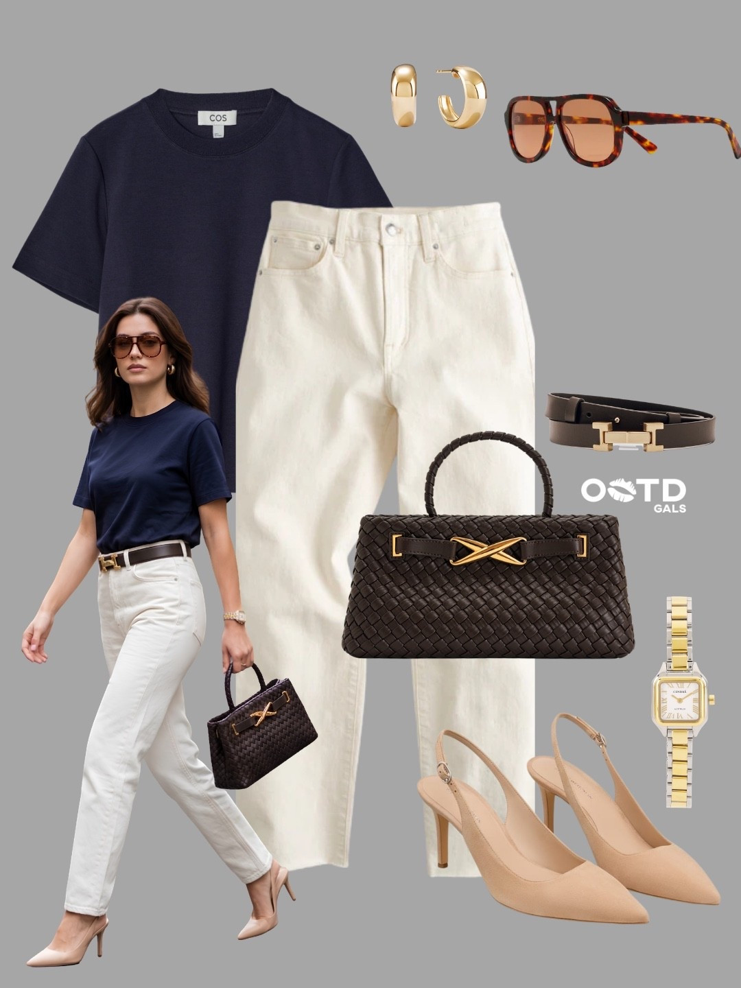 Minimal, refined, and effortlessly elegant 🖤✨

This look proves that simple basics styled well can feel incredibly luxurious and polished.

✨ Style Details:
• Deep navy structured tee creating a clean sophisticated base  
• Cream straight leg jeans adding softness and balance  
• Nude slingback heels for an elongated elegant silhouette  
• Chocolate woven handbag with gold hardware bringing rich texture  
• Slim brown belt tying the whole palette together beautifully  
• Gold jewelry and tortoiseshell sunglasses for a timeless finish  

The contrast of navy, cream, and warm brown tones makes this outfit feel chic, modern, and quietly expensive 🤍

Perfect for lunch dates, city days, casual dinners, or elevated everyday wear.

#LTKeurope #LTKworkwear #LTKsummer