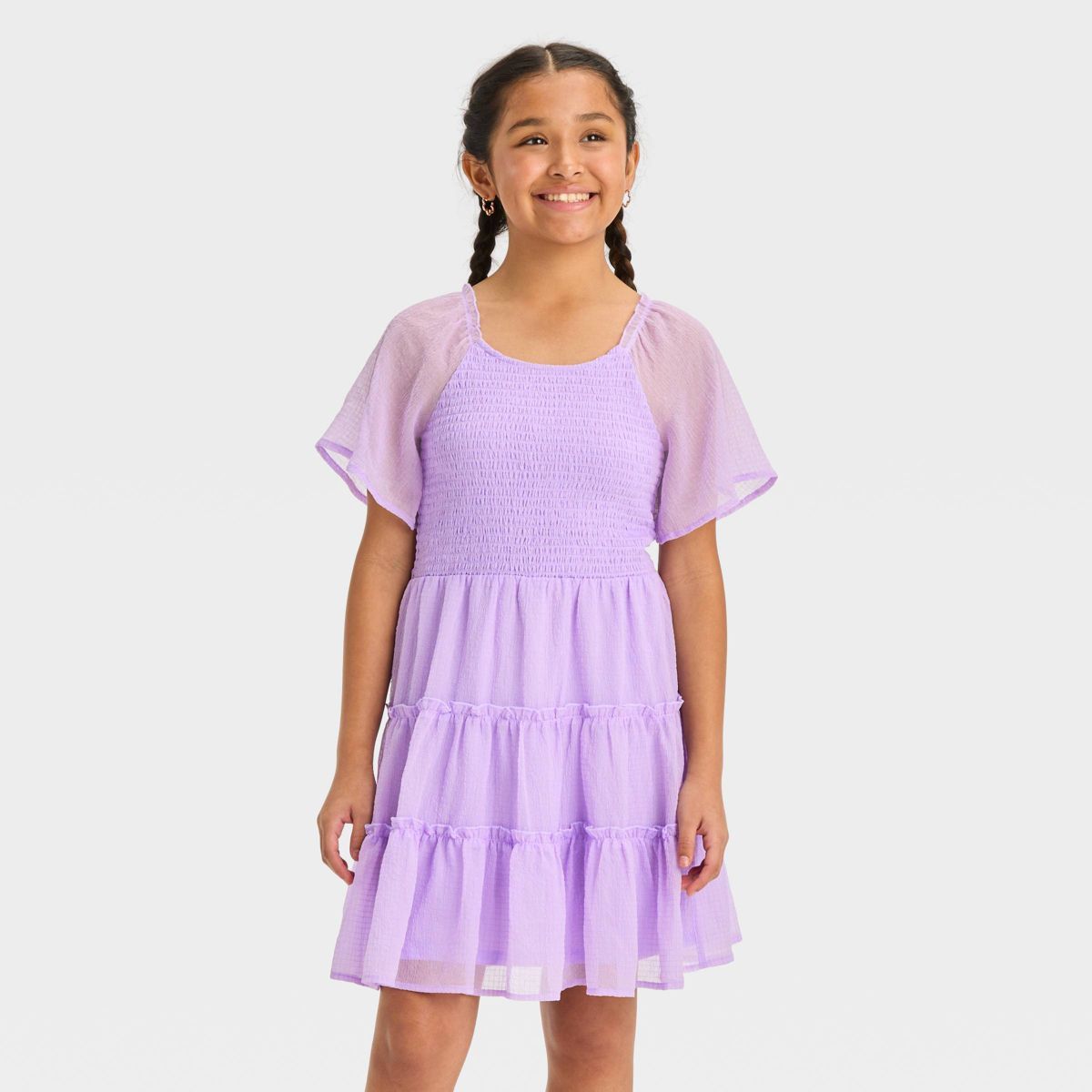 Girls' Smocked Bodice Flutter Sleeve Textured Dress - art class™ | Target