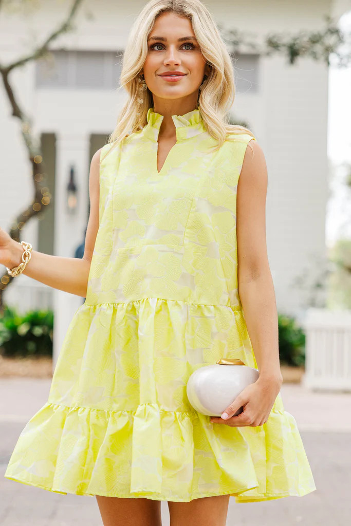 Feminine Joy Yellow Brocade Dress | The Mint Julep Boutique