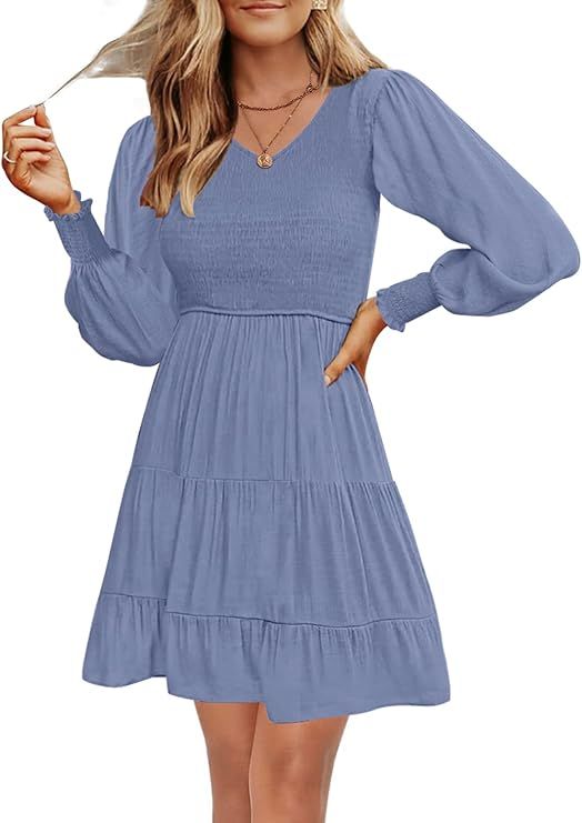 MEROKEETY Women's 2023 Casual Long Sleeve V Neck Smocked Elastic Waist Flowy Tiered Mini Dress | Amazon (US)