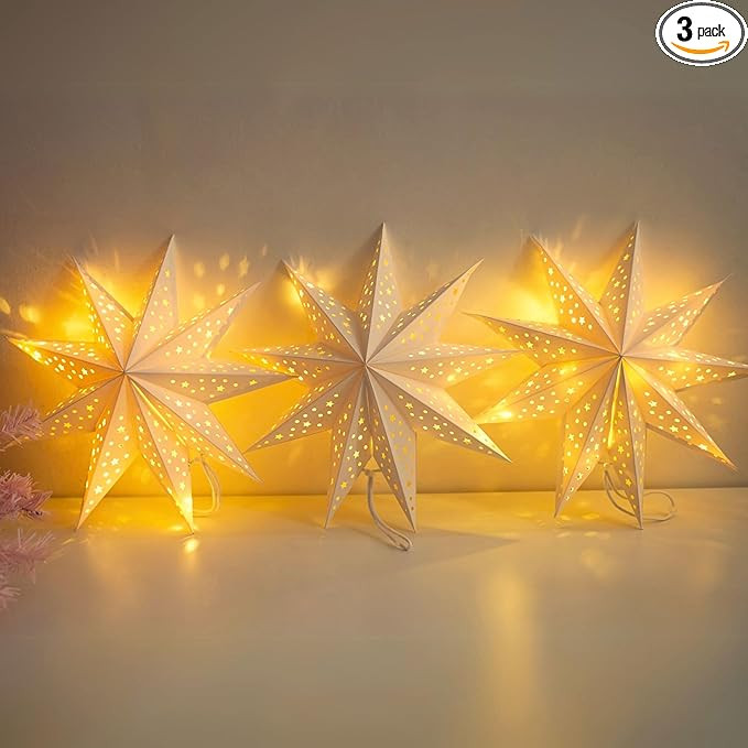 Paper Star Lantern 3PCS Christmas Paper Stars Lantern 13.78 inch 9 Points Paper Star Lantern Hang... | Amazon (US)