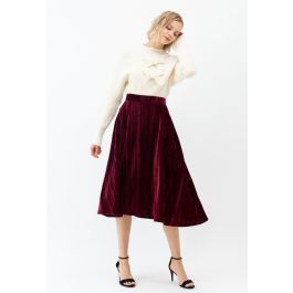 Velvet Flare Hem Midi Skirt in Wine | Chicwish