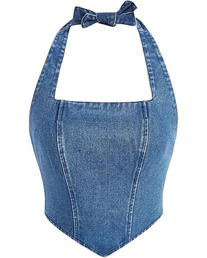 Verdusa Women's Tie Backless Asymmetrical Hem Halter Denim Crop Cami Top | Amazon (US)