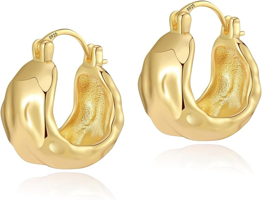 925 Sterling Silver Earrings Hammered Small Chunky Hoop Earrings for Women Hypoallergenic Texture... | Amazon (US)