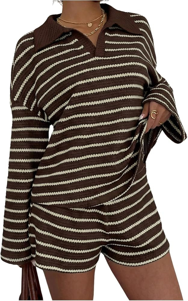 SHENHE Women's Striped 2 Piece Outfits Oversized Knit Top and Shorts Set | Amazon (US)