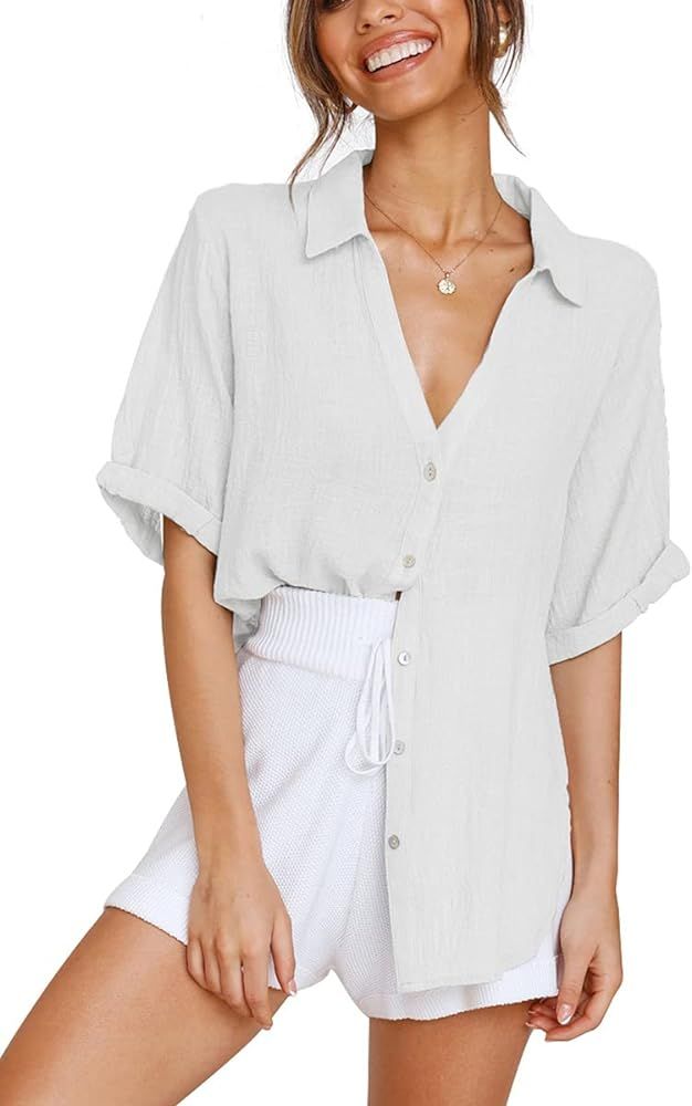 LOMON Womens Short Sleeve Button Down Shirts Cotton Linen Collared V Neck Tops Blouses Business Casu | Amazon (US)
