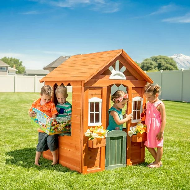 Sportspower Bellevue Kids Wooden Playhouse with Fun Colored Working Front Door, White Trim Window... | Walmart (US)