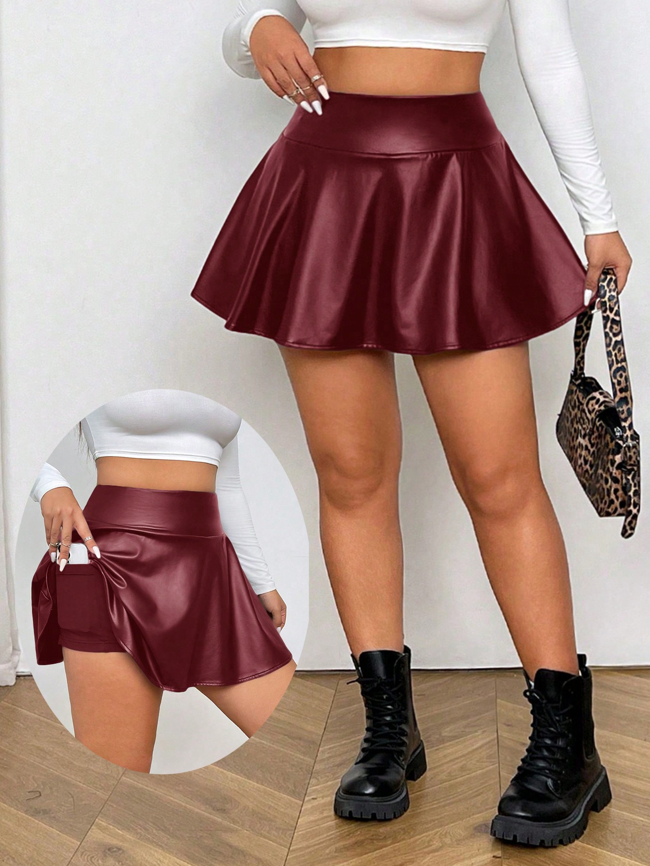 SHEIN EZwear Plus Size Women Fashionable Charming PU Burgundy Mini Skort With Built-In Shorts And... | SHEIN